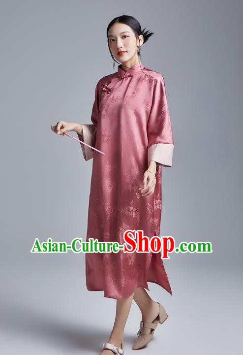 China Classical Deep Pink Silk Cheongsam Costume Traditional Young Lady Loose Brocade Qipao Dress China Classical Deep Pink Silk Cheongsam Costume Traditional Young Lady Loose Brocade Qipao Dress