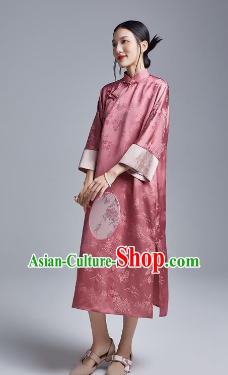 China Classical Deep Pink Silk Cheongsam Costume Traditional Young Lady Loose Brocade Qipao Dress China Classical Deep Pink Silk Cheongsam Costume Traditional Young Lady Loose Brocade Qipao Dress