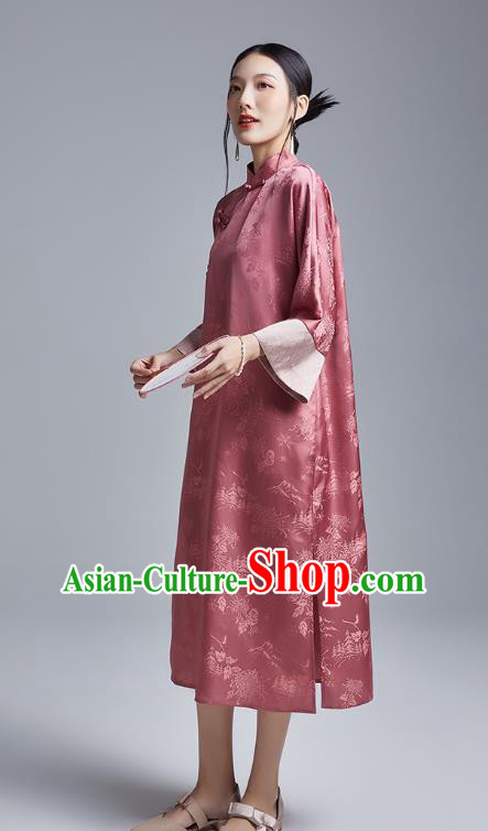 China Classical Deep Pink Silk Cheongsam Costume Traditional Young Lady Loose Brocade Qipao Dress China Classical Deep Pink Silk Cheongsam Costume Traditional Young Lady Loose Brocade Qipao Dress