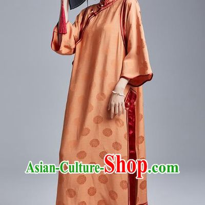 China Classical Wide Sleeve Cheongsam Costume Traditional Young Lady Orange Silk Loose Qipao Dress