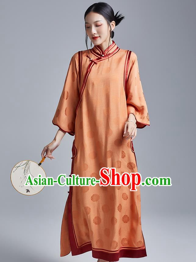 China Classical Wide Sleeve Cheongsam Costume Traditional Young Lady Orange Silk Loose Qipao Dress China Classical Wide Sleeve Cheongsam Costume Traditional Young Lady Orange Silk Loose Qipao Dress