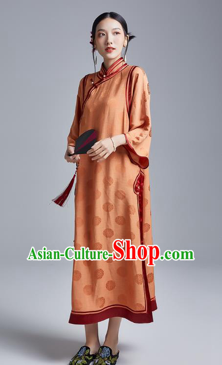 China Classical Wide Sleeve Cheongsam Costume Traditional Young Lady Orange Silk Loose Qipao Dress China Classical Wide Sleeve Cheongsam Costume Traditional Young Lady Orange Silk Loose Qipao Dress