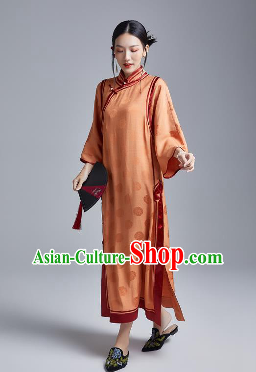 China Classical Wide Sleeve Cheongsam Costume Traditional Young Lady Orange Silk Loose Qipao Dress China Classical Wide Sleeve Cheongsam Costume Traditional Young Lady Orange Silk Loose Qipao Dress