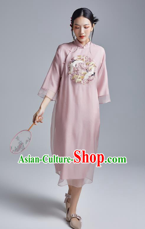 China Classical Pink Organdy Cheongsam Costume Traditional Young Lady Embroidered Cranes Qipao Dress China Classical Pink Organdy Cheongsam Costume Traditional Young Lady Embroidered Cranes Qipao Dress