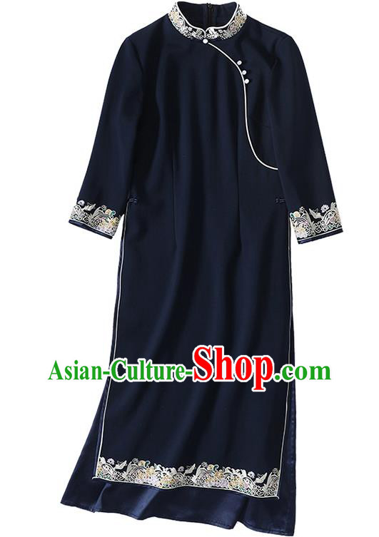 Chinese Traditional Tang Suit Cheongsam Costume National Embroidered Navy Blue Qipao Dress Chinese Traditional Tang Suit Cheongsam Costume National Embroidered Navy Blue Qipao Dress