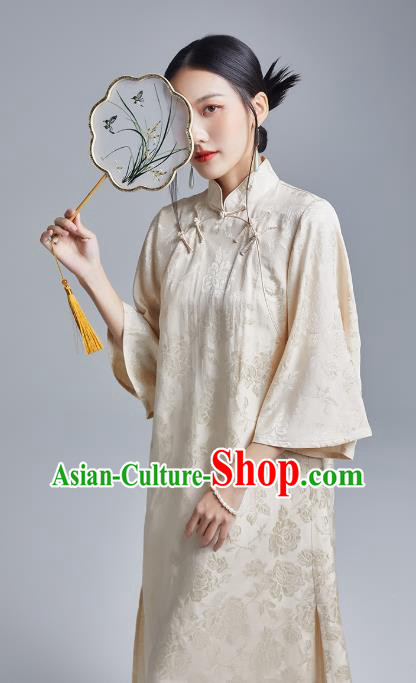 China Classical Brocade Cheongsam Costume Traditional Young Lady Beige Silk Qipao Dress China Classical Brocade Cheongsam Costume Traditional Young Lady Beige Silk Qipao Dress