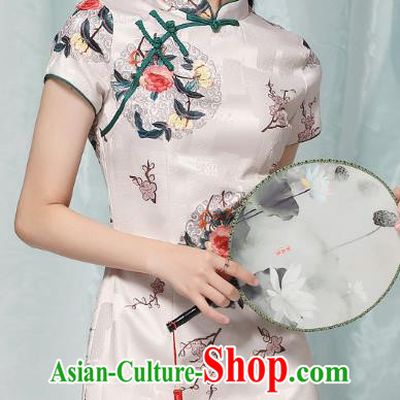 Chinese National Printing Peony White Brocade Qipao Dress Traditional Tang Suit Short Cheongsam Costume