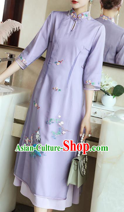 Chinese Zen Costume Traditional Tang Suit Embroidered Purple Organdy Cheongsam Stand Collar Qipao Dress Chinese Zen Costume Traditional Tang Suit Embroidered Purple Organdy Cheongsam Stand Collar Qipao Dress