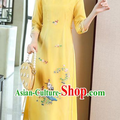 Chinese Stand Collar Qipao Dress Zen Costume Traditional Tang Suit Embroidered Yellow Organdy Cheongsam