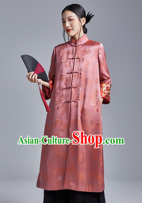 Chinese Traditional Tang Suit Overcoat National Embroidered Pink Brocade Dust Coat Chinese Traditional Tang Suit Overcoat National Embroidered Pink Brocade Dust Coat