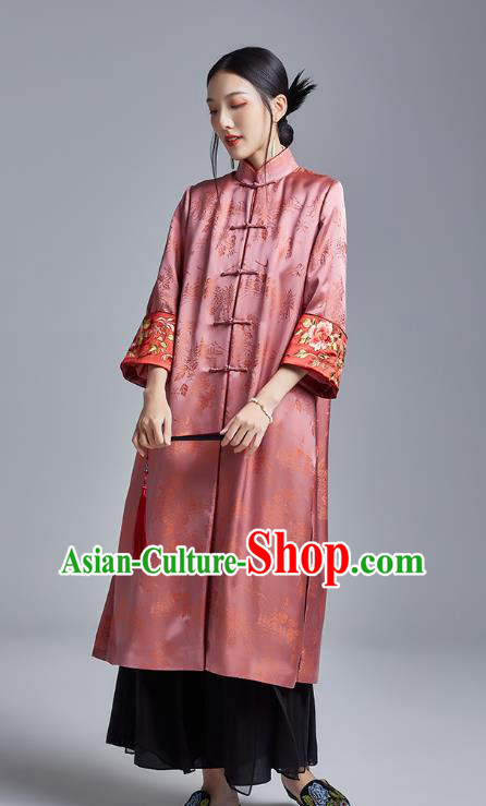 Chinese Traditional Tang Suit Overcoat National Embroidered Pink Brocade Dust Coat Chinese Traditional Tang Suit Overcoat National Embroidered Pink Brocade Dust Coat
