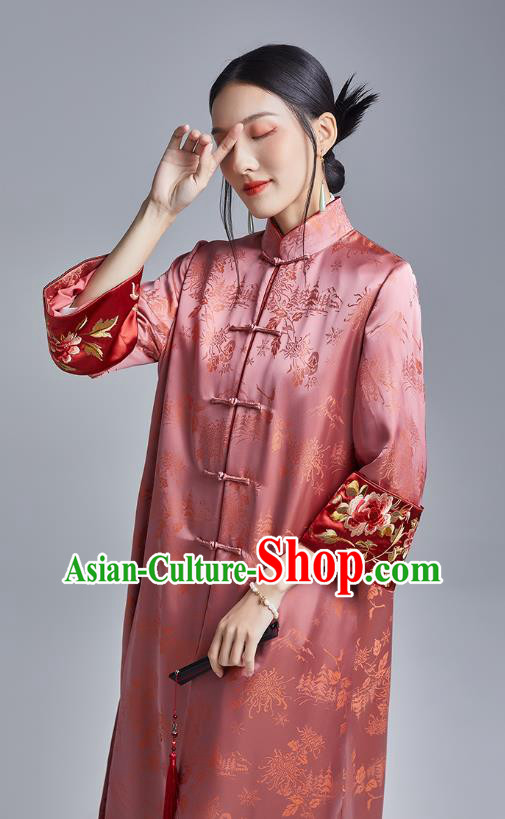Chinese Traditional Tang Suit Overcoat National Embroidered Pink Brocade Dust Coat Chinese Traditional Tang Suit Overcoat National Embroidered Pink Brocade Dust Coat