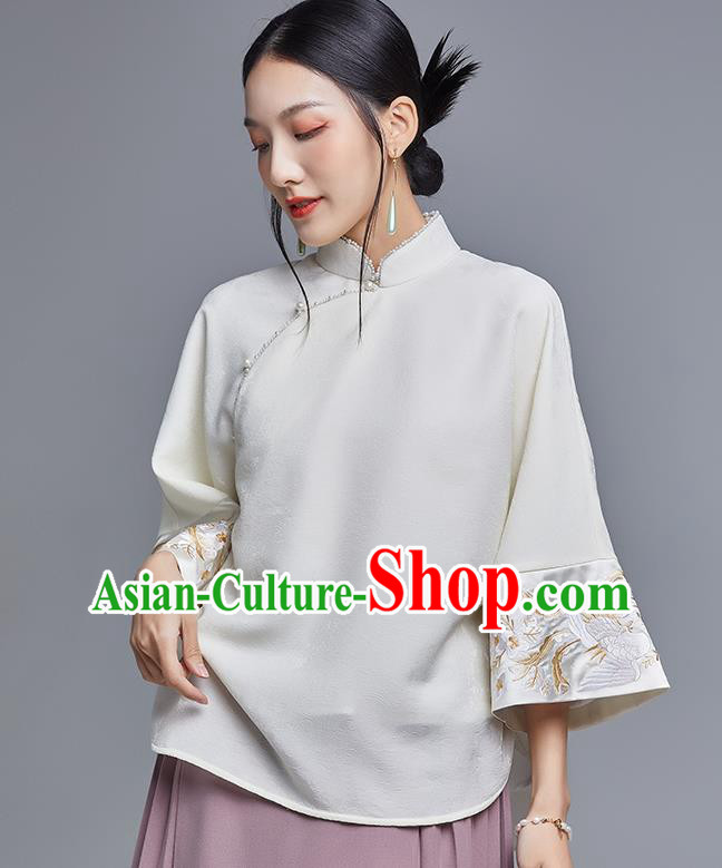 Chinese Traditional Tang Suit Shirt Upper Outer Garment Classical Cheongsam Embroidered Phoenix White Blouse Chinese Traditional Tang Suit Shirt Upper Outer Garment Classical Cheongsam Embroidered Phoenix White Blouse
