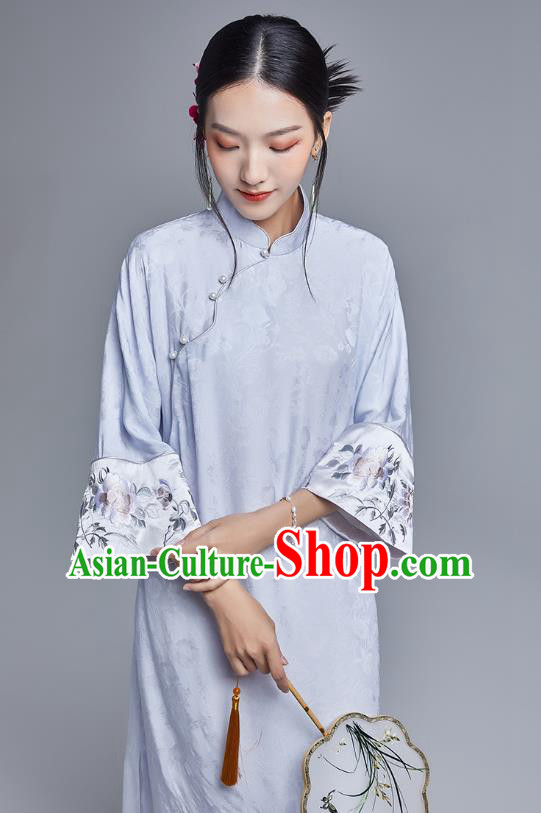 China Classical Embroidered Brocade Cheongsam Costume Traditional Young Lady Blue Silk Qipao Dress China Classical Embroidered Brocade Cheongsam Costume Traditional Young Lady Blue Silk Qipao Dress