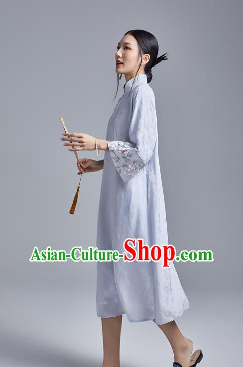China Classical Embroidered Brocade Cheongsam Costume Traditional Young Lady Blue Silk Qipao Dress China Classical Embroidered Brocade Cheongsam Costume Traditional Young Lady Blue Silk Qipao Dress