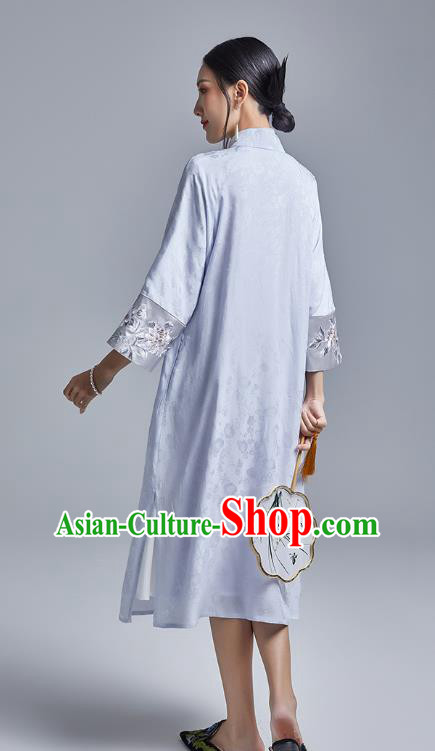 China Classical Embroidered Brocade Cheongsam Costume Traditional Young Lady Blue Silk Qipao Dress China Classical Embroidered Brocade Cheongsam Costume Traditional Young Lady Blue Silk Qipao Dress