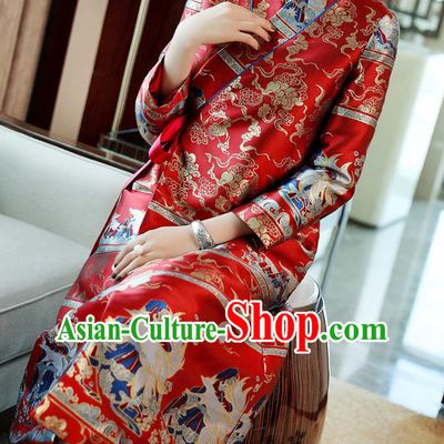 Chinese Tang Suit Red Brocade Cheongsam Costume Traditional Woman Qipao Dress