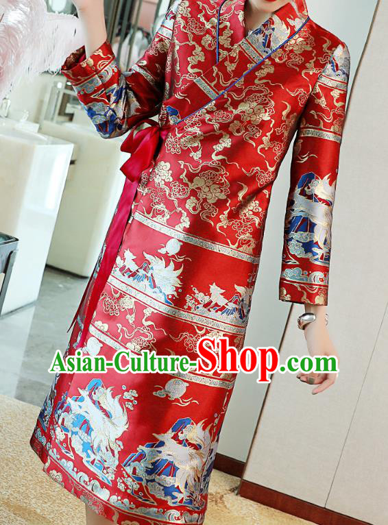 Chinese Tang Suit Red Brocade Cheongsam Costume Traditional Woman Qipao Dress Chinese Tang Suit Red Brocade Cheongsam Costume Traditional Woman Qipao Dress
