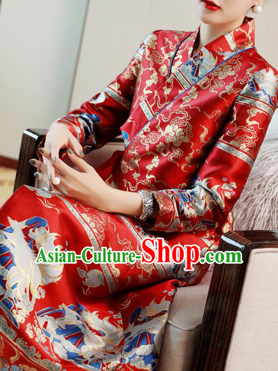 Chinese Tang Suit Red Brocade Cheongsam Costume Traditional Woman Qipao Dress Chinese Tang Suit Red Brocade Cheongsam Costume Traditional Woman Qipao Dress