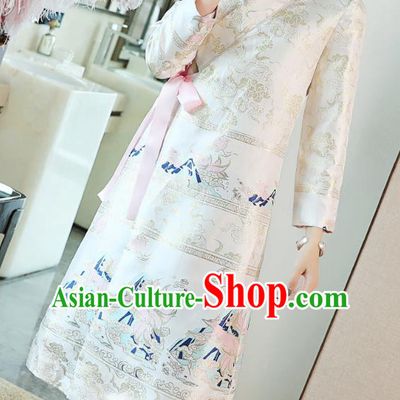 Chinese Traditional Woman Qipao Dress Tang Suit White Brocade Cheongsam Costume