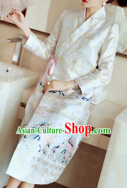 Chinese Traditional Woman Qipao Dress Tang Suit White Brocade Cheongsam Costume Chinese Traditional Woman Qipao Dress Tang Suit White Brocade Cheongsam Costume