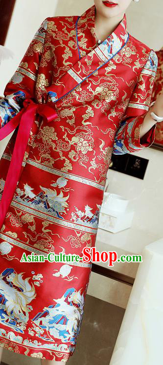 Chinese Tang Suit Red Brocade Cheongsam Costume Traditional Woman Qipao Dress Chinese Tang Suit Red Brocade Cheongsam Costume Traditional Woman Qipao Dress