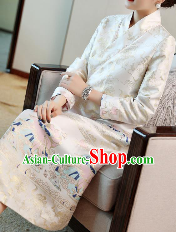 Chinese Traditional Woman Qipao Dress Tang Suit White Brocade Cheongsam Costume Chinese Traditional Woman Qipao Dress Tang Suit White Brocade Cheongsam Costume