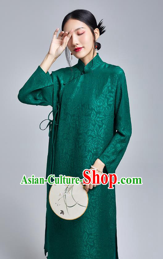 China Classical Silk Cheongsam Costume Traditional Young Lady Deep Green Brocade Qipao Dress China Classical Silk Cheongsam Costume Traditional Young Lady Deep Green Brocade Qipao Dress