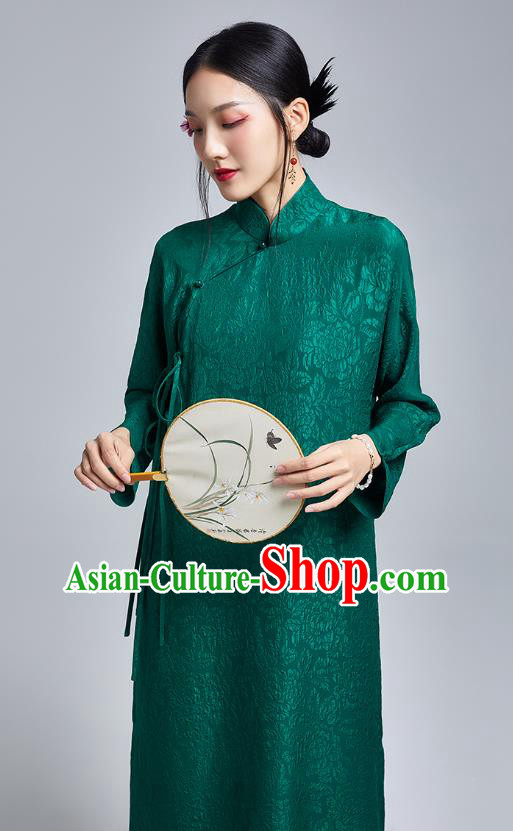 China Classical Silk Cheongsam Costume Traditional Young Lady Deep Green Brocade Qipao Dress China Classical Silk Cheongsam Costume Traditional Young Lady Deep Green Brocade Qipao Dress