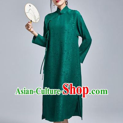 China Classical Silk Cheongsam Costume Traditional Young Lady Deep Green Brocade Qipao Dress