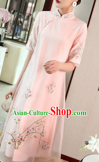 Chinese Embroidered Pink Organdy Cheongsam Costume Traditional Tang Suit Qipao Dress Chinese Embroidered Pink Organdy Cheongsam Costume Traditional Tang Suit Qipao Dress