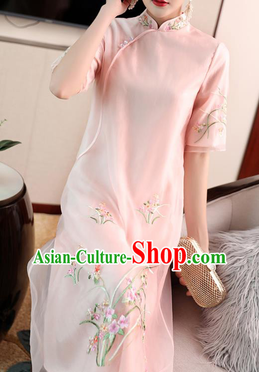 Chinese Embroidered Pink Organdy Cheongsam Costume Traditional Tang Suit Qipao Dress Chinese Embroidered Pink Organdy Cheongsam Costume Traditional Tang Suit Qipao Dress