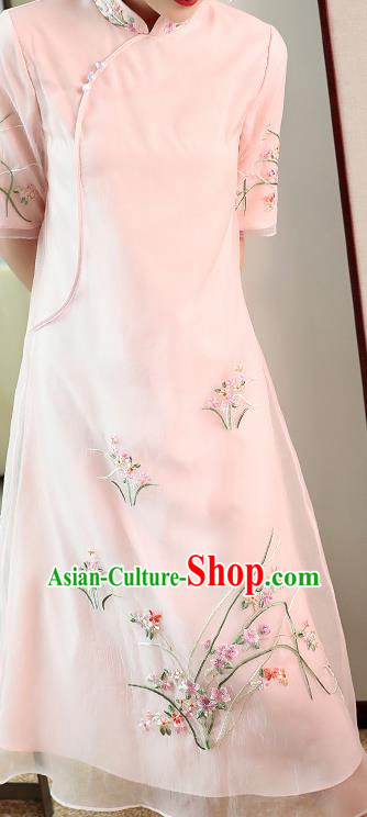 Chinese Embroidered Pink Organdy Cheongsam Costume Traditional Tang Suit Qipao Dress Chinese Embroidered Pink Organdy Cheongsam Costume Traditional Tang Suit Qipao Dress