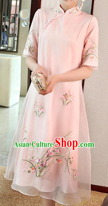Chinese Embroidered Pink Organdy Cheongsam Costume Traditional Tang Suit Qipao Dress Chinese Embroidered Pink Organdy Cheongsam Costume Traditional Tang Suit Qipao Dress