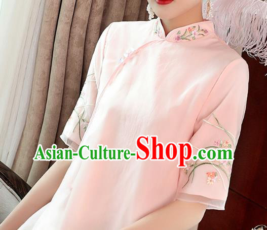 Chinese Embroidered Pink Organdy Cheongsam Costume Traditional Tang Suit Qipao Dress Chinese Embroidered Pink Organdy Cheongsam Costume Traditional Tang Suit Qipao Dress
