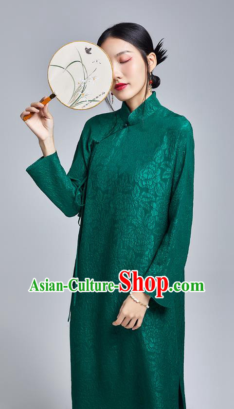 China Classical Silk Cheongsam Costume Traditional Young Lady Deep Green Brocade Qipao Dress China Classical Silk Cheongsam Costume Traditional Young Lady Deep Green Brocade Qipao Dress