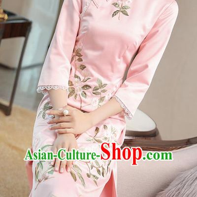 Chinese Embroidered Pink Satin Qipao Dress Traditional Tang Suit Cheongsam Costume