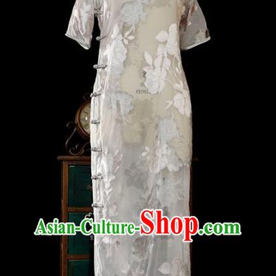Chinese Traditional White Silk Qipao Dress Classical Tang Suit Cheongsam