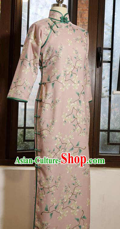 Chinese Traditional Minguo Printing Pink Qipao Dress Classical Tang Suit Slim Cheongsam Chinese Traditional Minguo Printing Pink Qipao Dress Classical Tang Suit Slim Cheongsam