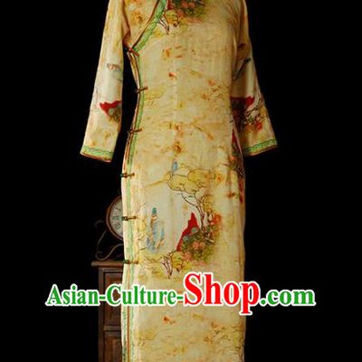 Chinese Classical Tang Suit Slim Cheongsam Traditional Minguo Printing Yellow Flax Qipao Dress