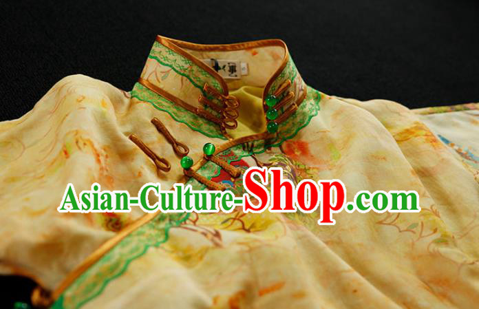 Chinese Classical Tang Suit Slim Cheongsam Traditional Minguo Printing Yellow Flax Qipao Dress Chinese Classical Tang Suit Slim Cheongsam Traditional Minguo Printing Yellow Flax Qipao Dress