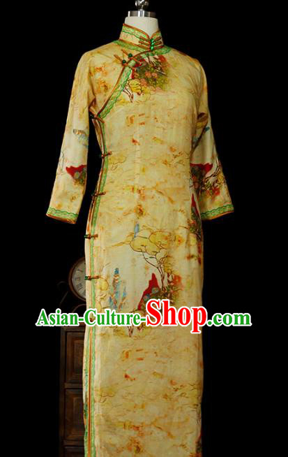 Chinese Classical Tang Suit Slim Cheongsam Traditional Minguo Printing Yellow Flax Qipao Dress Chinese Classical Tang Suit Slim Cheongsam Traditional Minguo Printing Yellow Flax Qipao Dress