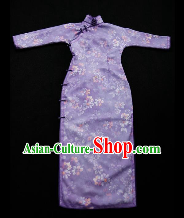 Republic of China Tang Suit Printing Violet Qipao Dress Traditional Minguo Classical Slim Cheongsam Republic of China Tang Suit Printing Violet Qipao Dress Traditional Minguo Classical Slim Cheongsam