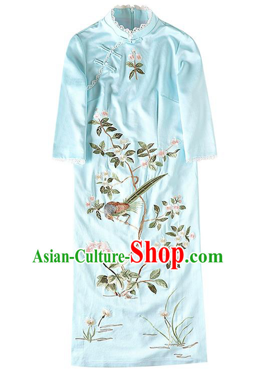 Chinese Traditional Tang Suit Cheongsam Costume Embroidered Blue Satin Qipao Dress Chinese Traditional Tang Suit Cheongsam Costume Embroidered Blue Satin Qipao Dress