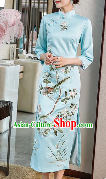 Chinese Traditional Tang Suit Cheongsam Costume Embroidered Blue Satin Qipao Dress Chinese Traditional Tang Suit Cheongsam Costume Embroidered Blue Satin Qipao Dress