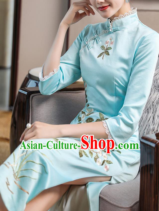 Chinese Traditional Tang Suit Cheongsam Costume Embroidered Blue Satin Qipao Dress Chinese Traditional Tang Suit Cheongsam Costume Embroidered Blue Satin Qipao Dress