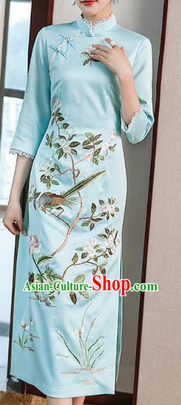 Chinese Traditional Tang Suit Cheongsam Costume Embroidered Blue Satin Qipao Dress Chinese Traditional Tang Suit Cheongsam Costume Embroidered Blue Satin Qipao Dress