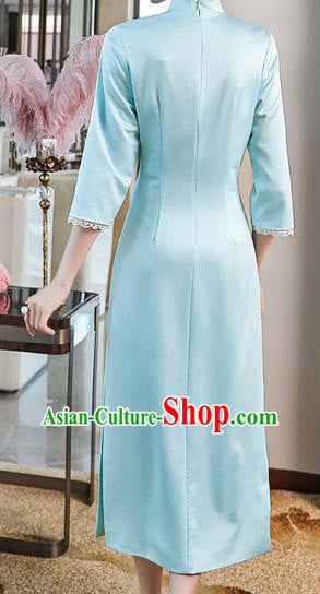 Chinese Traditional Tang Suit Cheongsam Costume Embroidered Blue Satin Qipao Dress Chinese Traditional Tang Suit Cheongsam Costume Embroidered Blue Satin Qipao Dress