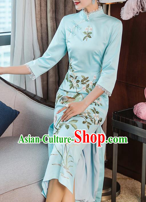 Chinese Traditional Tang Suit Cheongsam Costume Embroidered Blue Satin Qipao Dress Chinese Traditional Tang Suit Cheongsam Costume Embroidered Blue Satin Qipao Dress