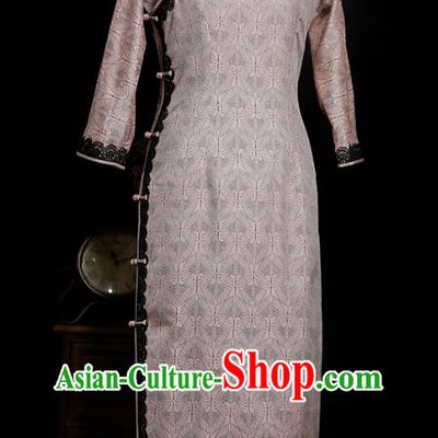 Republic of China Shanghai Woman Qipao Dress Traditional Minguo Classical Cranes Pattern Pink Cheongsam